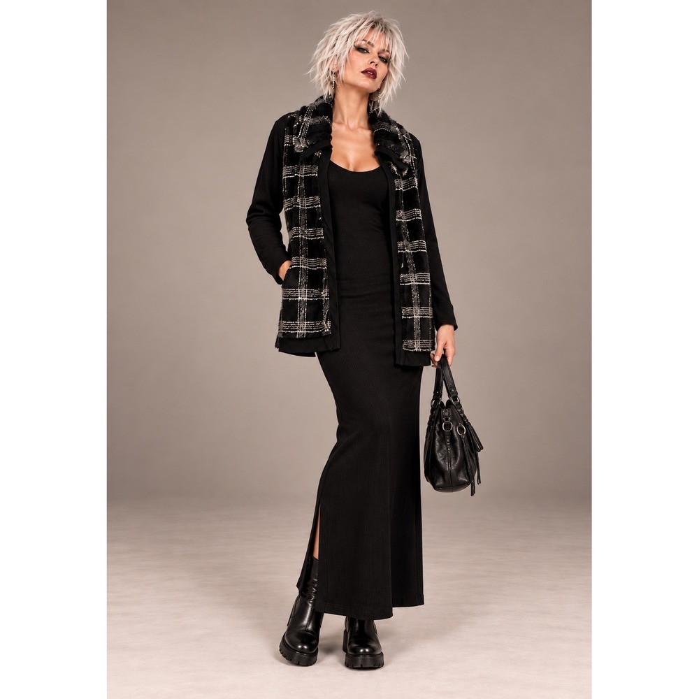 Capote Faux Fur Trim Open Front Cardigan XS Plaid Faux Fur Cozy Layer Soft Goth